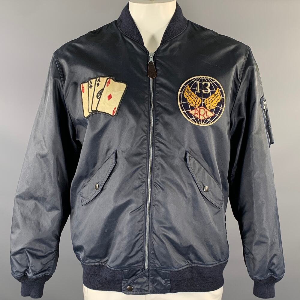 RRL by RALPH LAUREN Size XL Navy Patches Nylon Bomber Jacket